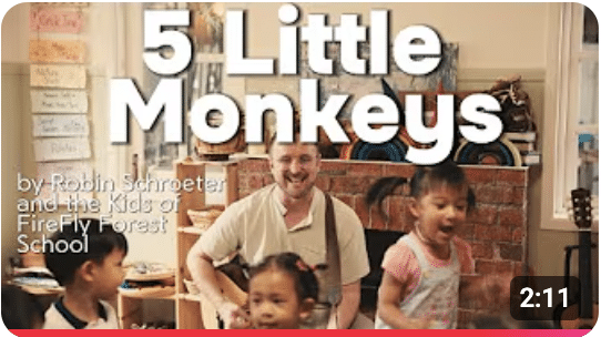 FireFly Forest School children singing and jumping during Five Little Monkeys song
